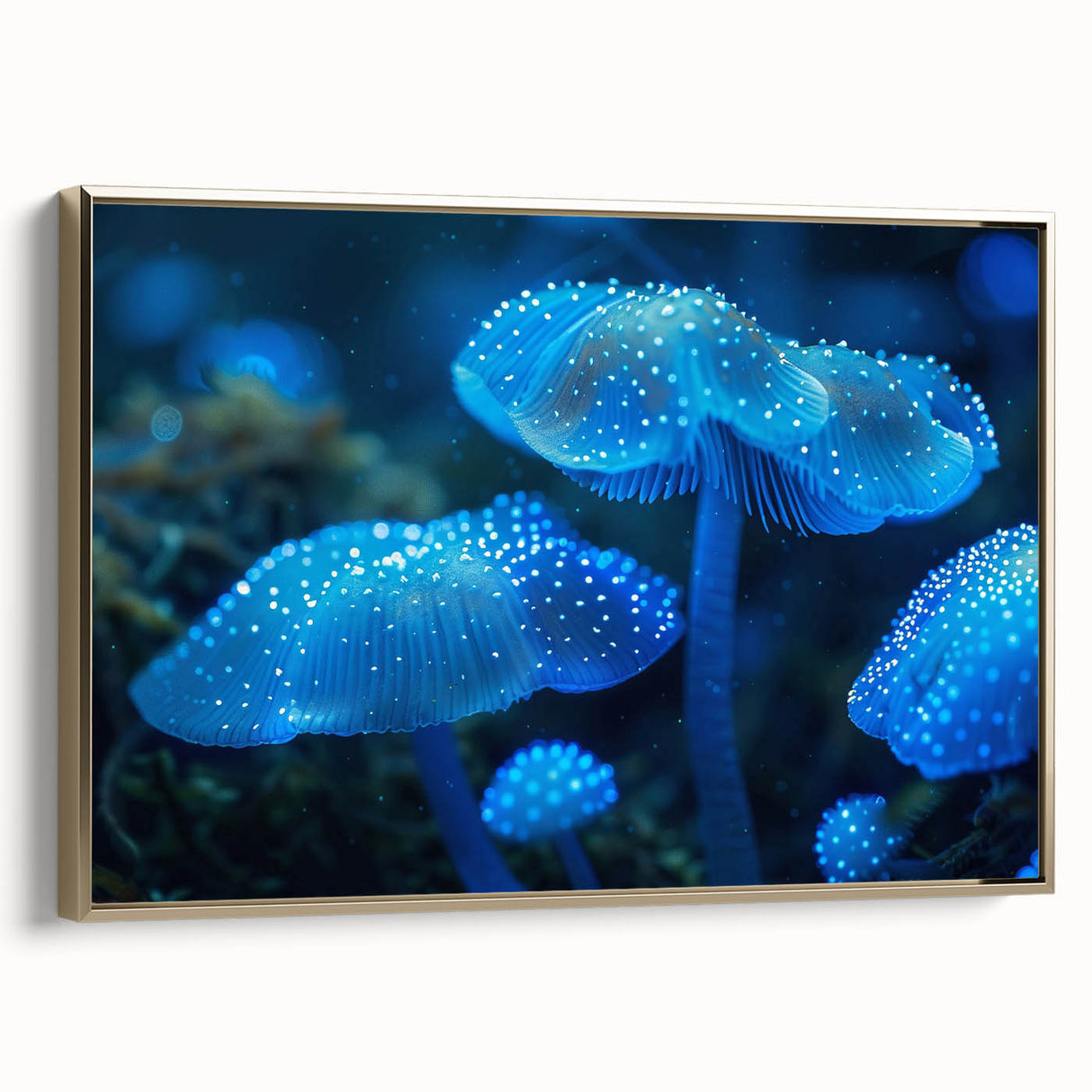 Framed canvas wall art showcasing a vibrant botanical marine plants design, featuring intricate floral details in shades of blue and gold, ideal for home decor.