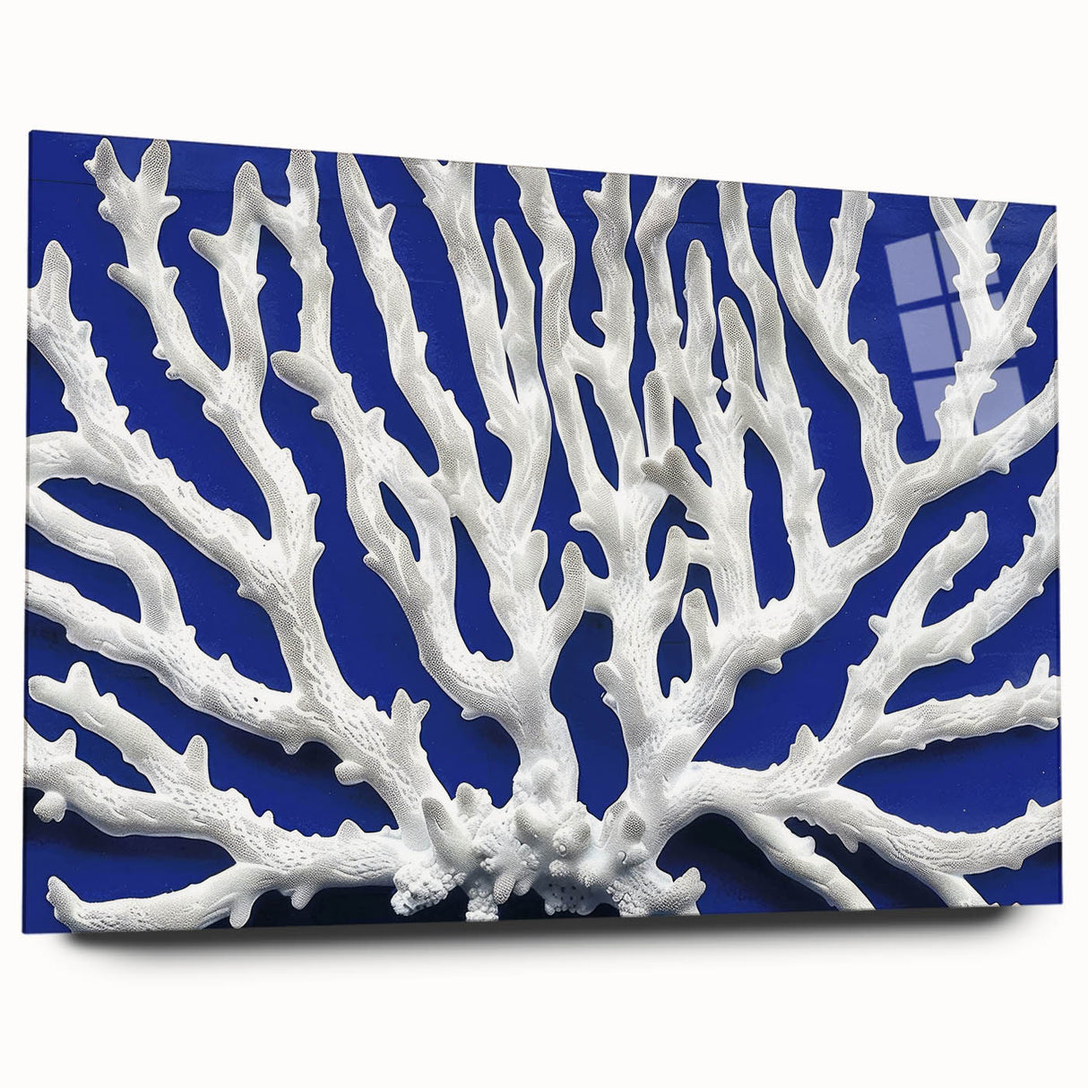 Acrylic glass wall art collection showcasing vibrant botanical marine plants in a modern design, displayed from a side view, perfect for home decor.
