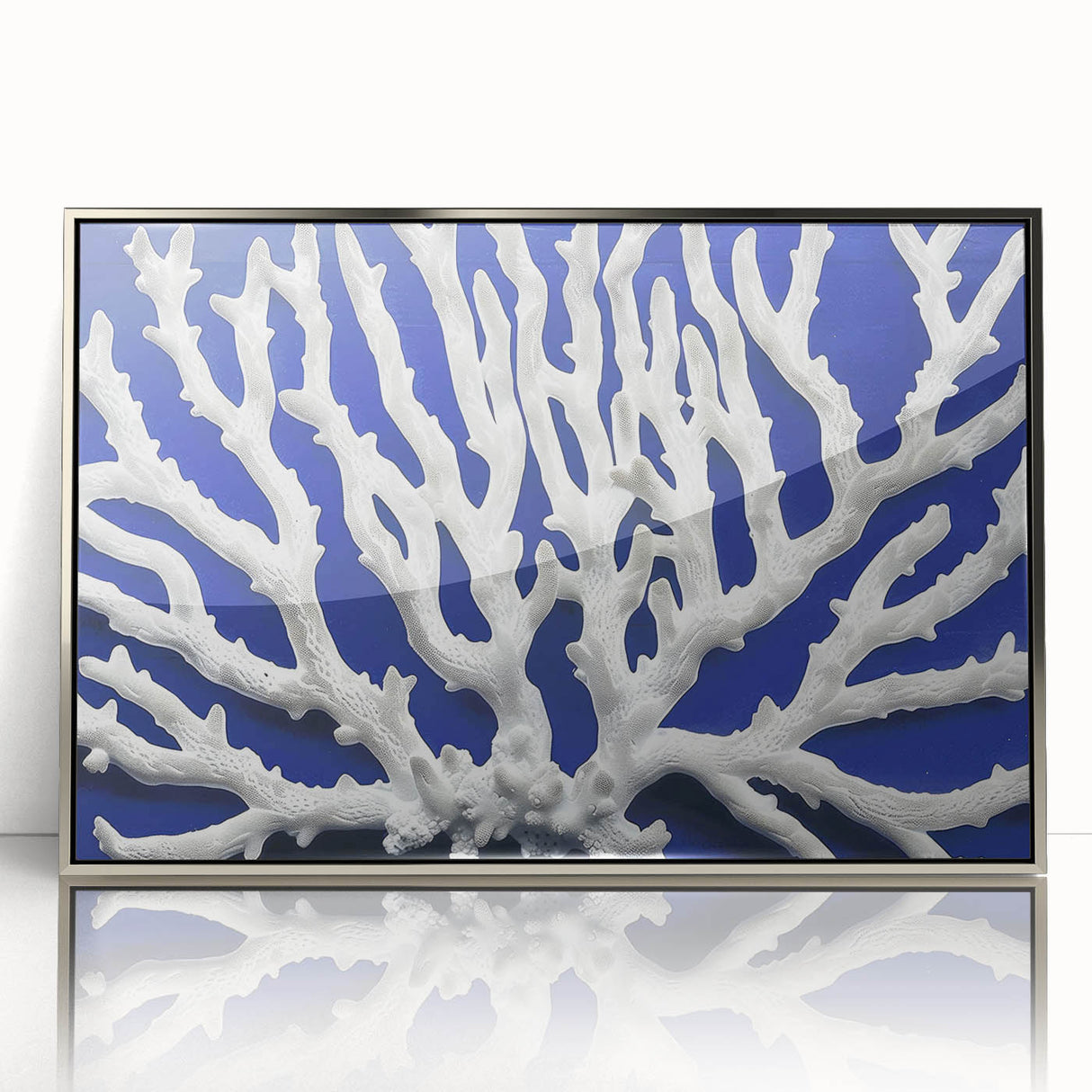 Framed wall art featuring a botanical design of marine plants, showcasing intricate details in shades of green and blue, perfect for enhancing coastal-themed decor.