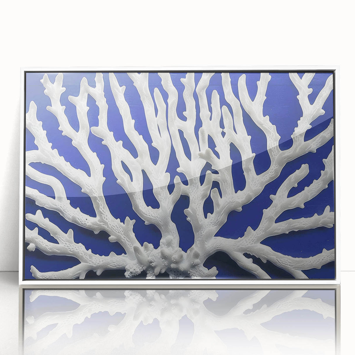 Framed wall art featuring a vibrant botanical marine plants design in shades of blue and green, showcasing intricate floral details and a sleek white frame, perfect for home decor.