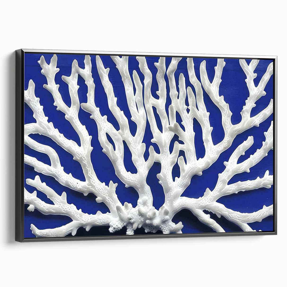 Framed canvas wall art showcasing a vibrant botanical design of marine plants, featuring intricate details and a sleek black frame, perfect for coastal décor.