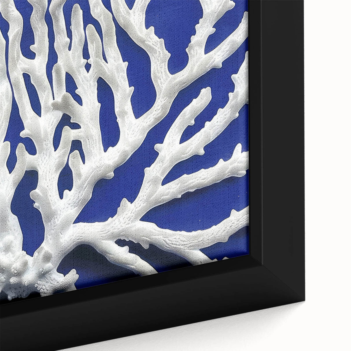 Close-up of a framed canvas print showcasing a vibrant botanical marine plants design, featuring intricate floral details and rich colors, ideal for home decor.