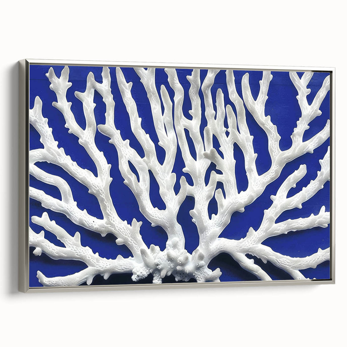 Framed wall art featuring botanical marine plants in vibrant colors, set against a silver frame, showcasing intricate details and a contemporary design for home decor.