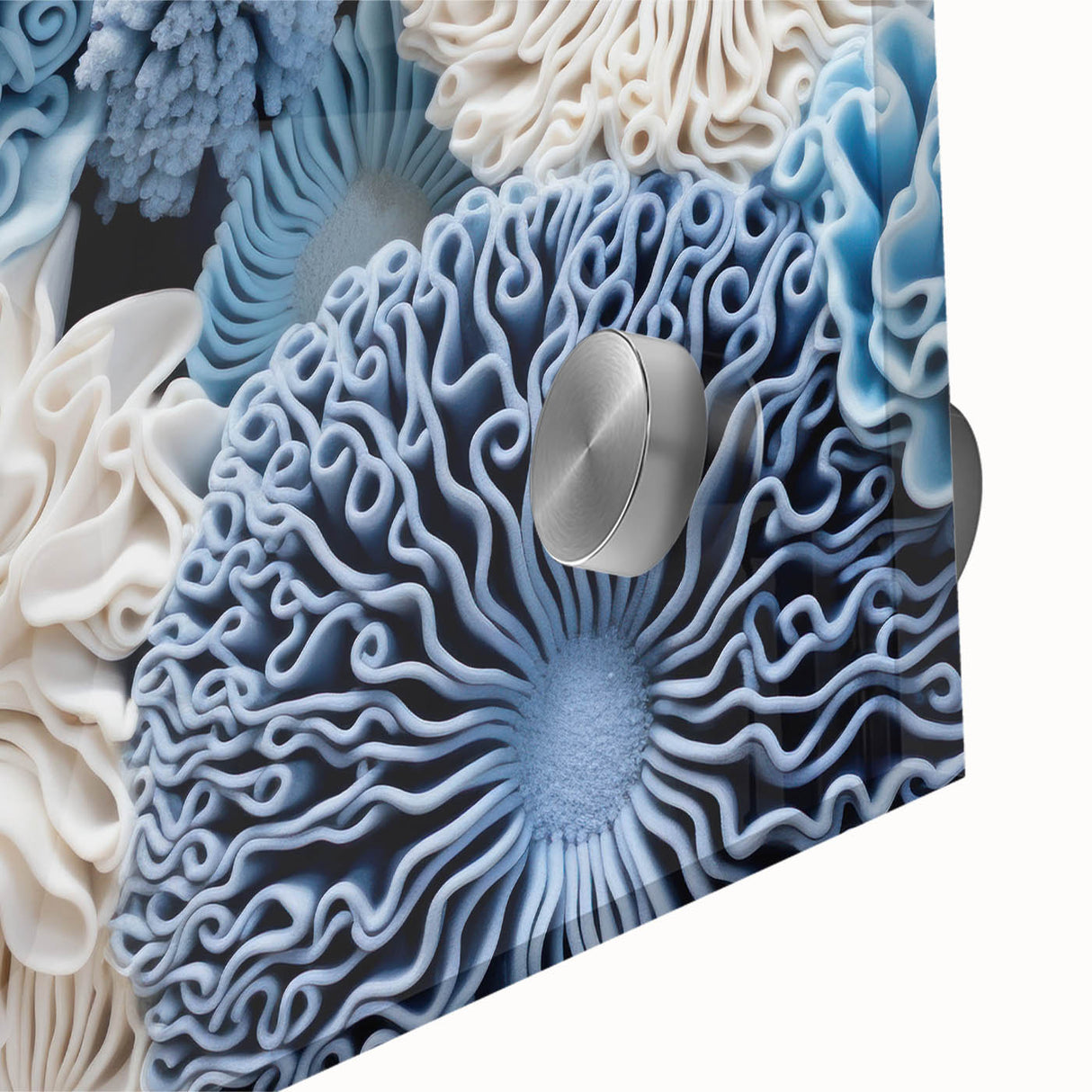 Close-up of vibrant botanical marine plants wall art design, showcasing intricate details of colorful flowers and greenery on acrylic glass, perfect for home decor.