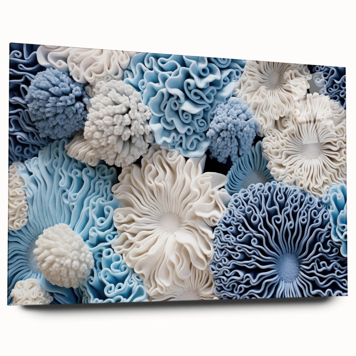 Acrylic wall art showcasing a vibrant botanical marine plants design, displayed from the side to highlight its clear glass finish and intricate details, perfect for modern decor.