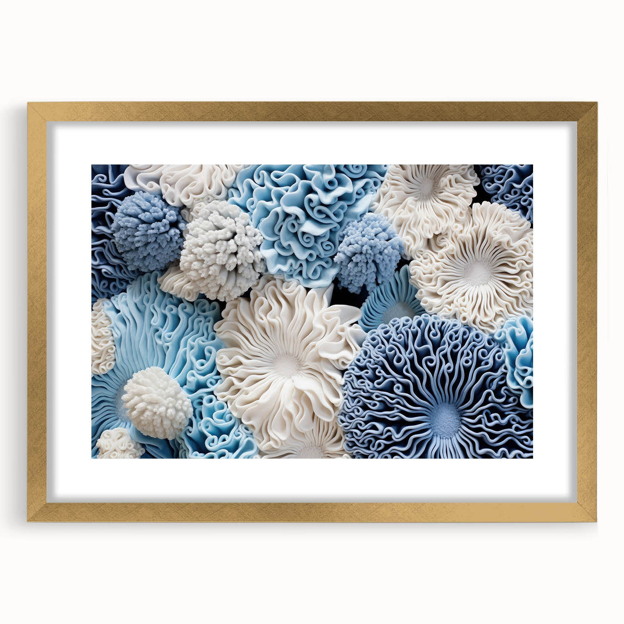 Botanical wall art collection showcasing vibrant marine plants framed with a gold mat, perfect for adding elegance to home decor. Ideal for nature enthusiasts and art lovers.