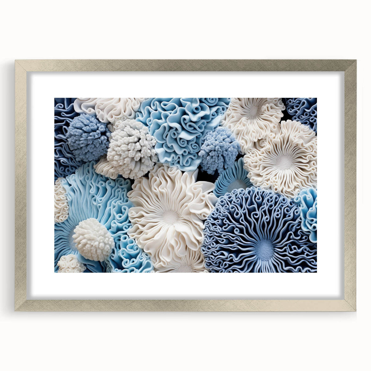 Botanical marine plants wall art collection framed in silver, showcasing vibrant floral designs and intricate details, perfect for home decor enthusiasts.