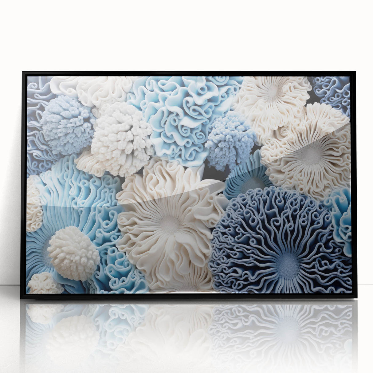 Framed botanical wall art featuring a marine plants design, showcasing vibrant colors and intricate details, perfect for home decor in a modern setting.