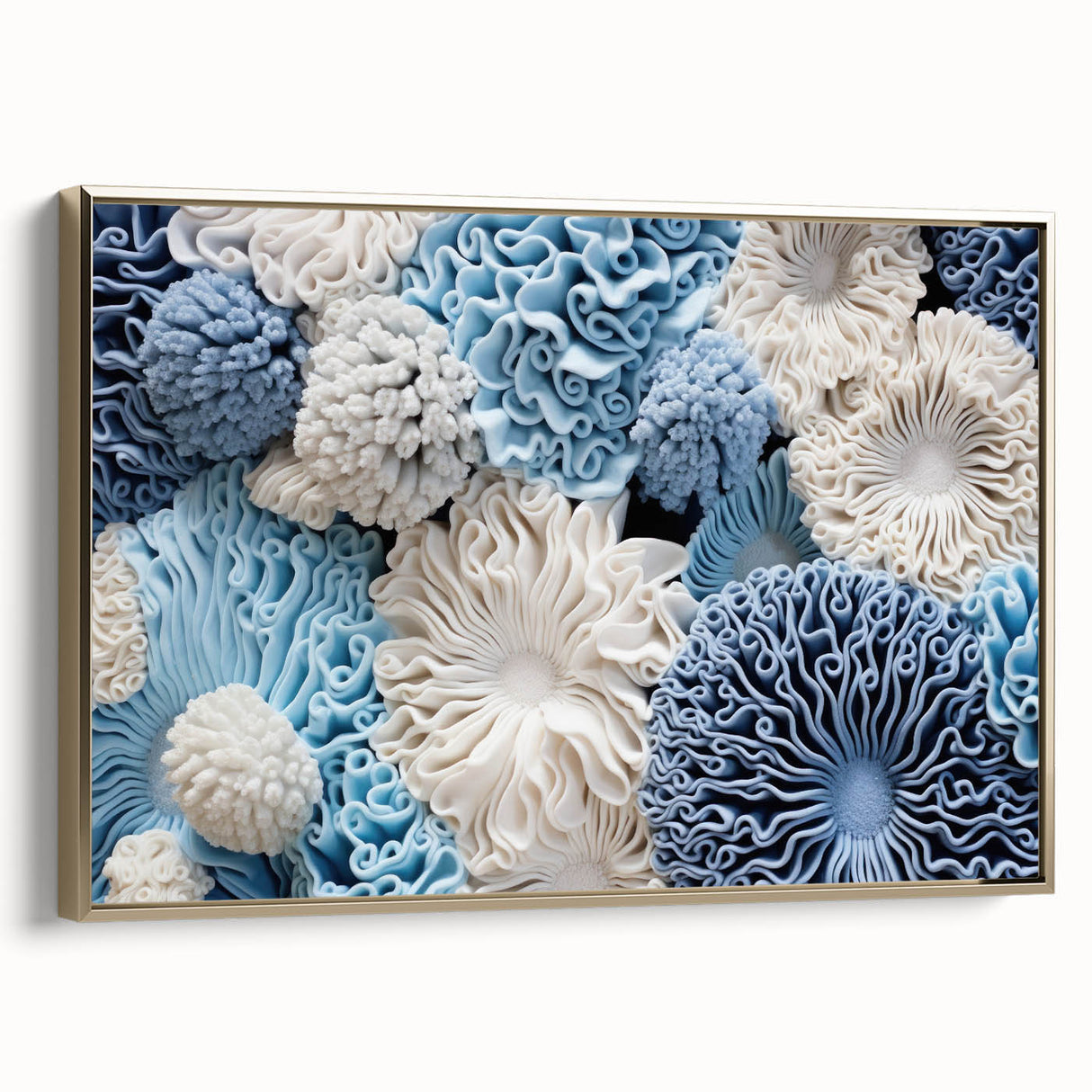 Framed wall art featuring a botanical marine plants design with vibrant colors and gold accents, showcasing a side view of the canvas collection for decorative appeal.