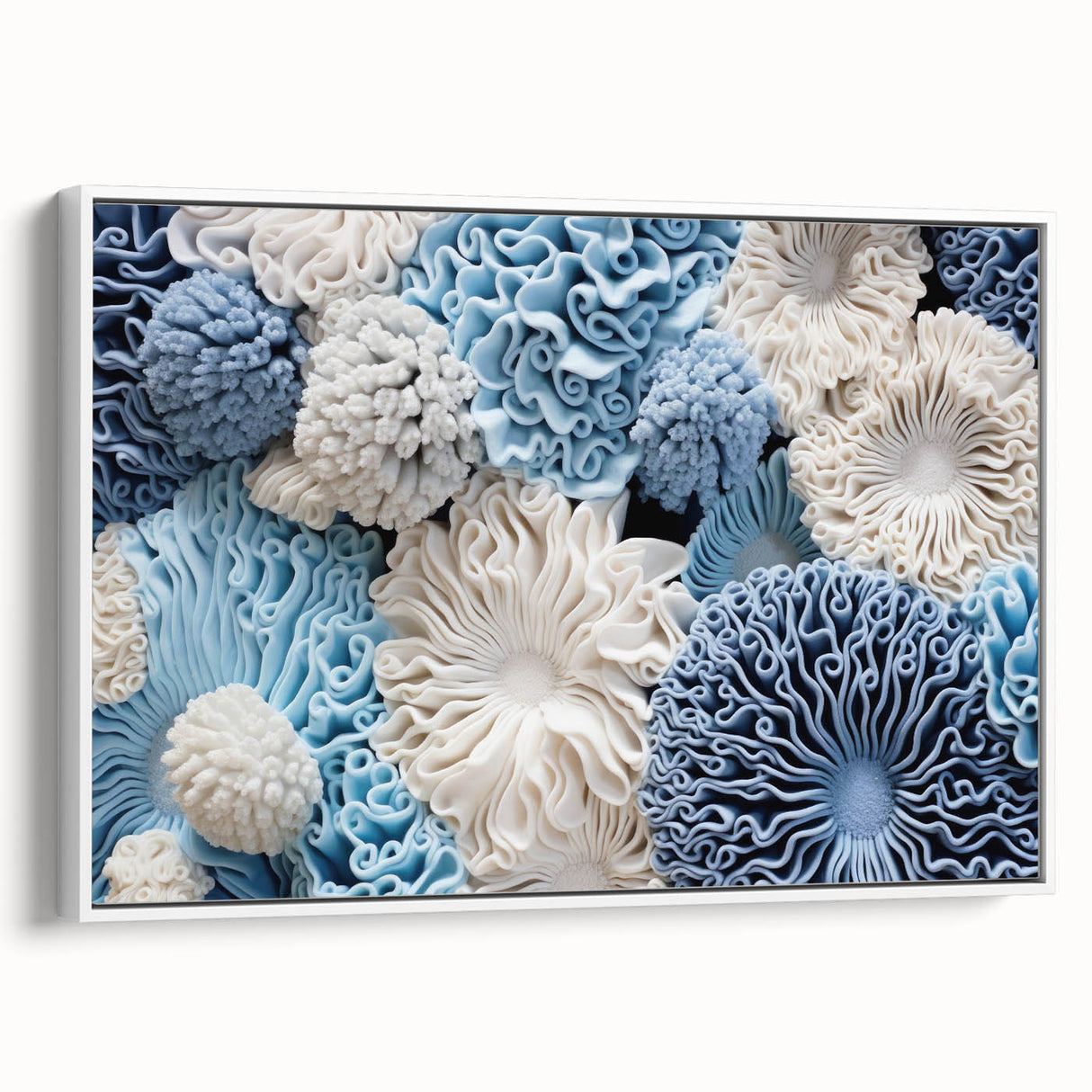 Framed wall art showcasing a botanical marine plants design, featuring vibrant colors and intricate details, presented in a sleek white frame, ideal for home decor.