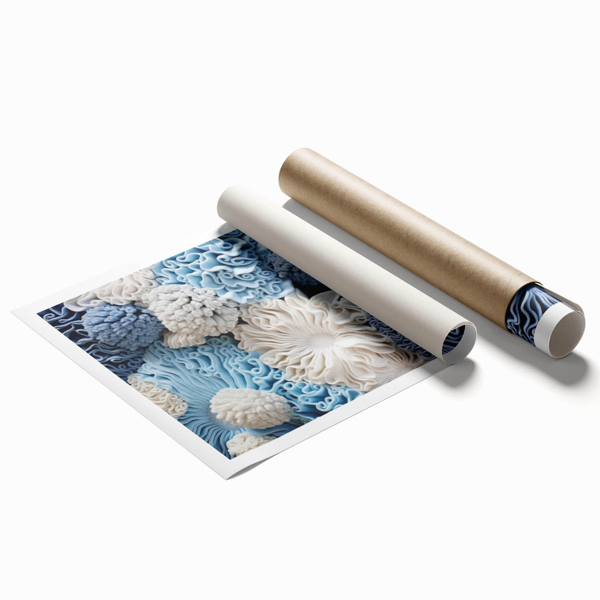 Botanical wall art print featuring vibrant marine plants in shades of blue and green, showcasing intricate details and textures, ideal for home decor.