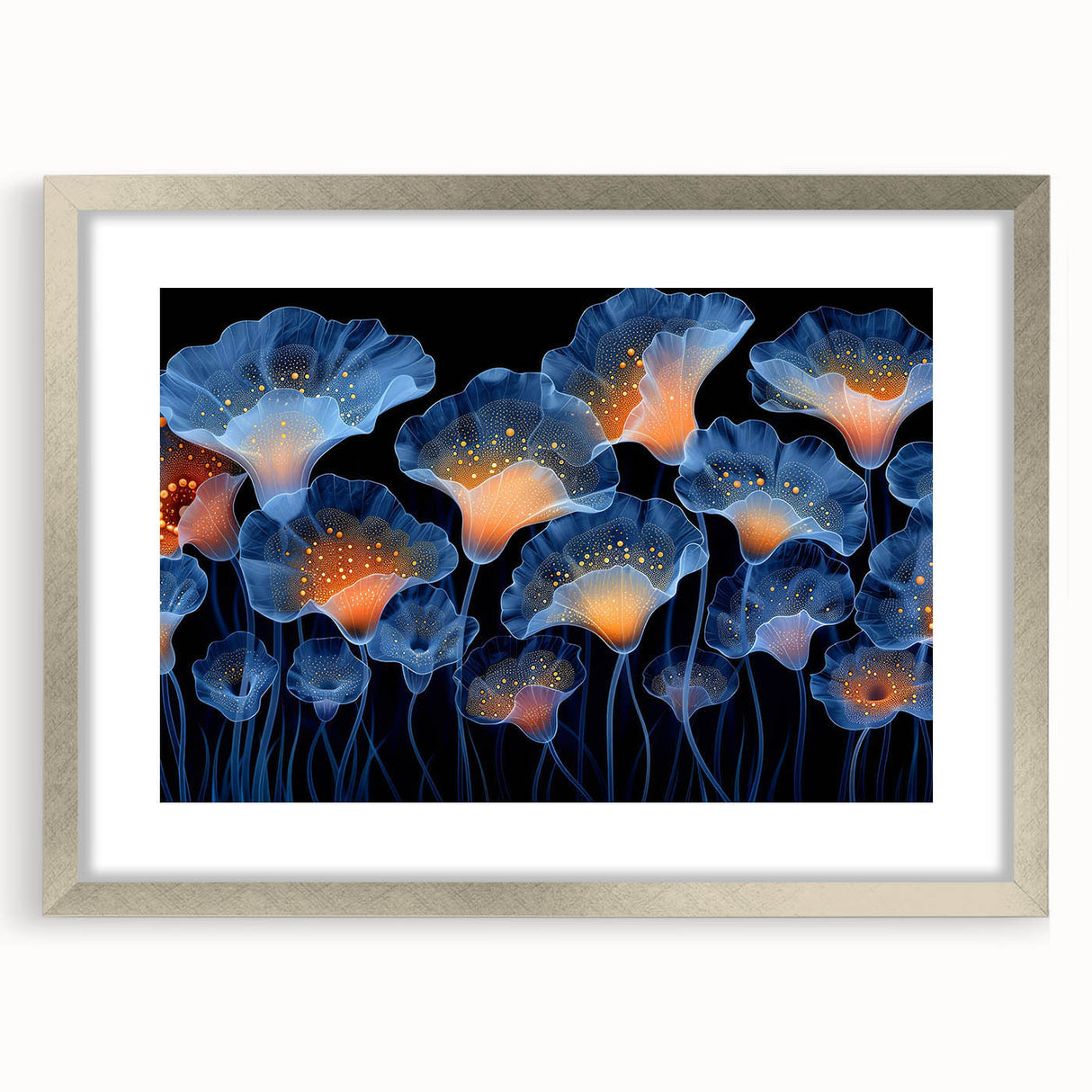 Botanical wall art featuring a marine plants design in a silver frame with matting, showcasing intricate details of flowers and aquatic life, perfect for home decor.