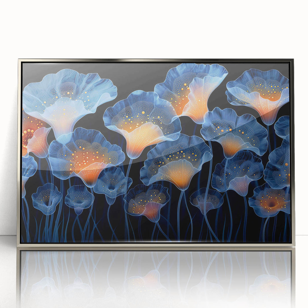 Framed wall art showcasing a botanical marine plants design with vibrant colors, displayed in a sleek silver frame, ideal for enhancing modern home decor.