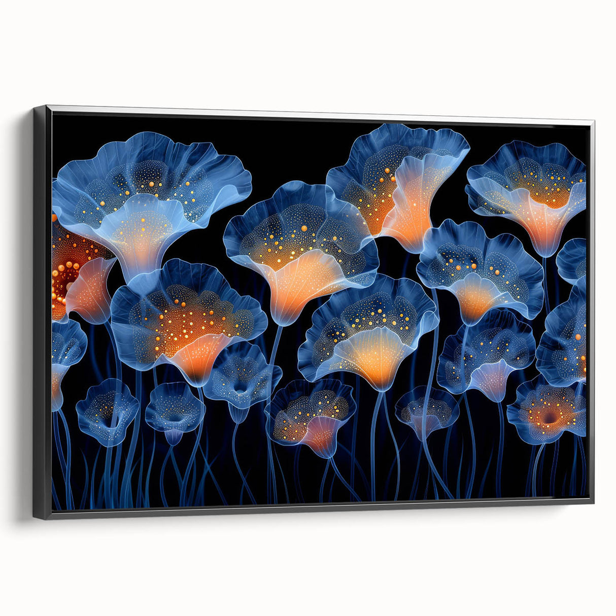 Framed wall art featuring a botanical marine plants design, showcasing vibrant floral elements on a black background, ideal for modern home decor.