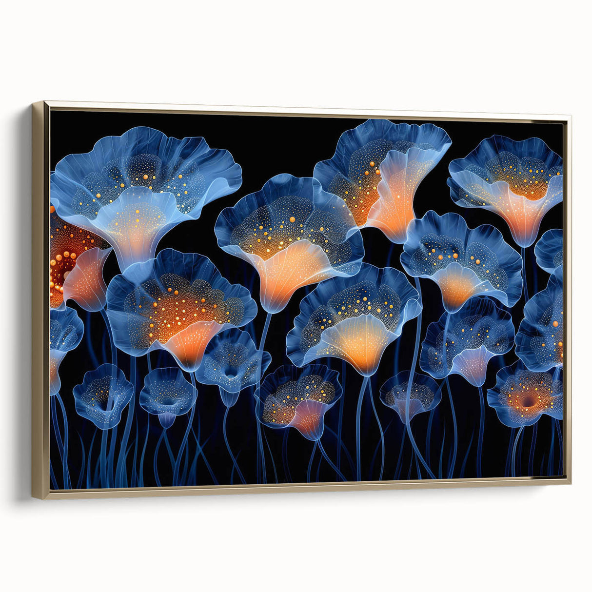 Framed wall art showcasing a botanical design of marine plants in vibrant colors, with a gold frame accentuating the intricate details, ideal for coastal-themed decor.