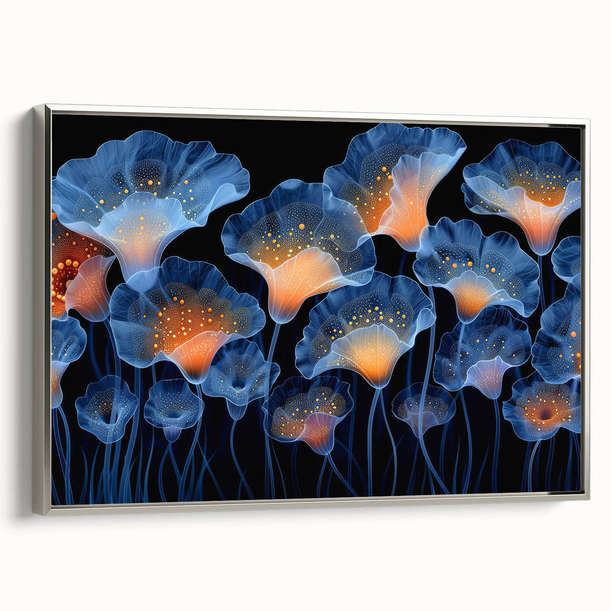 Framed canvas wall art showcasing a botanical design of vibrant marine plants, featuring a sleek silver frame and a side view display, perfect for home decor.