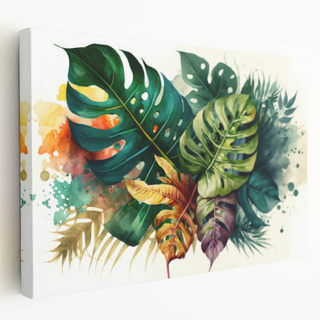 Stretched canvas wall art featuring a vibrant Monstera plant design, showcasing lush green leaves against a minimalist backdrop, ideal for modern decor.