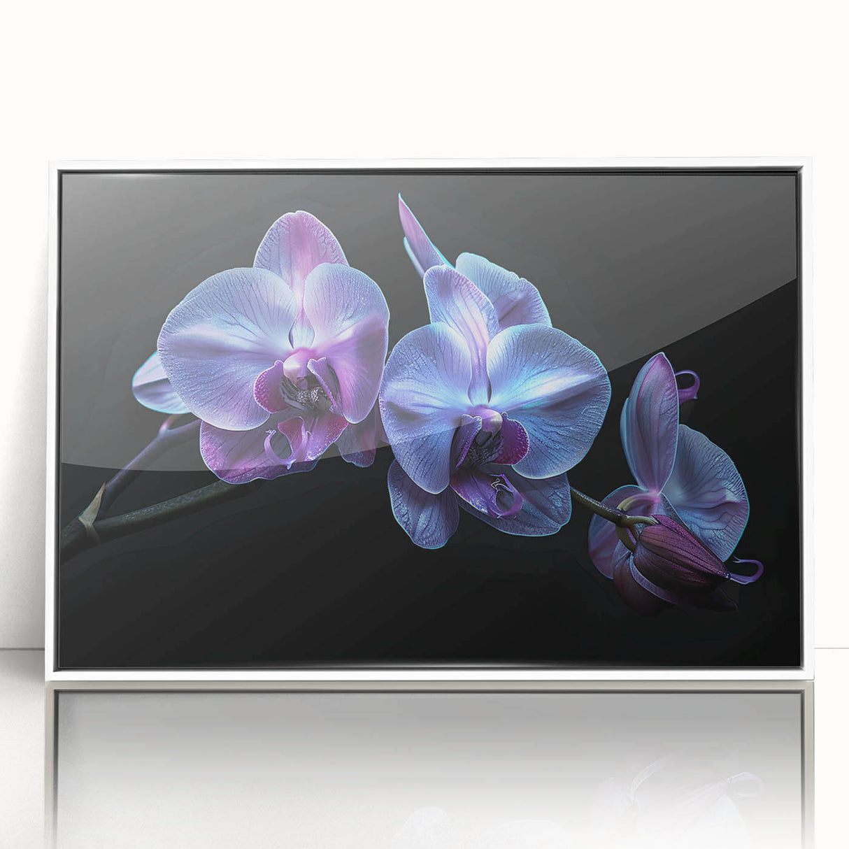 Framed wall art featuring a botanical orchid design, showcasing vibrant colors and intricate details, set against a white background for a modern aesthetic.
