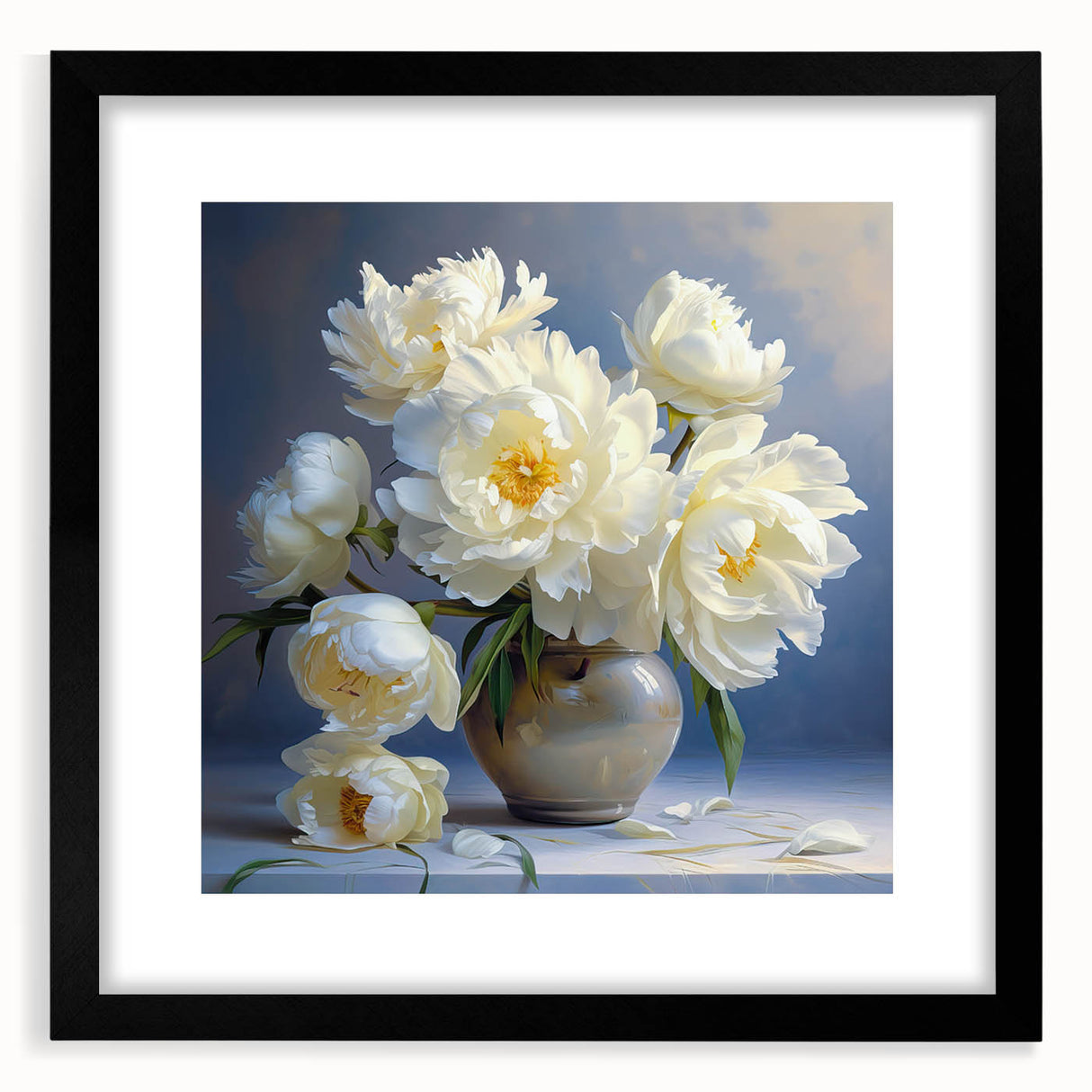 Framed botanical wall art featuring a peony design in soft pastel colors, set against a sleek black frame with a white mat, perfect for home decor.