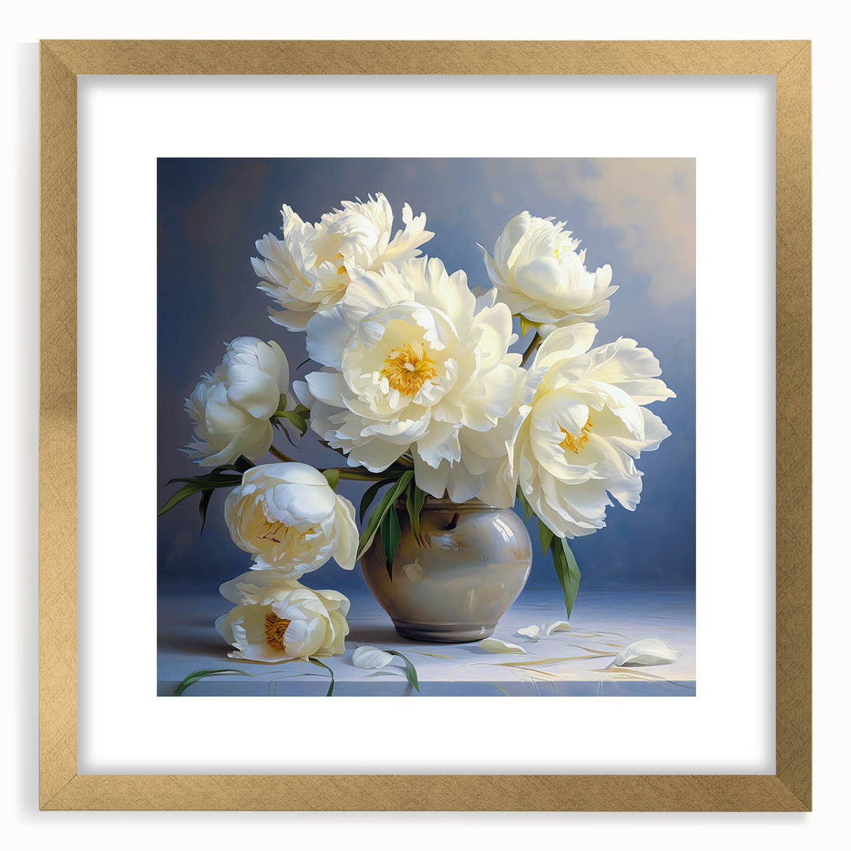 Botanical wall art featuring a beautifully designed peony illustration in soft pastel colors, framed with a gold mat, showcasing elegance for home decor.