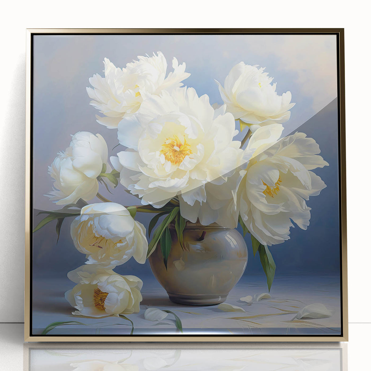 Framed wall art featuring a botanical peony design in vibrant pinks and greens, encased in gold acrylic, perfect for elegant home decor.