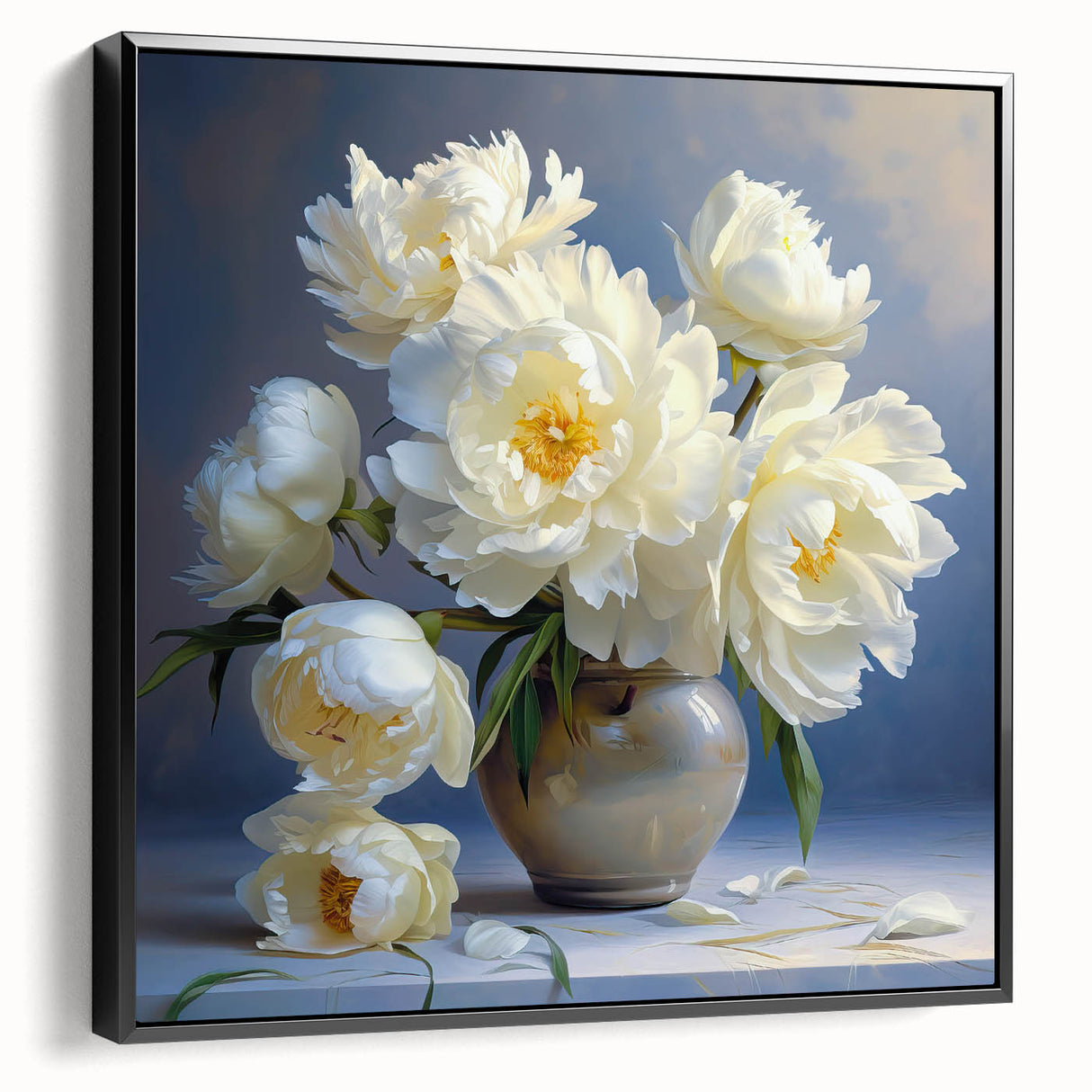 Framed botanical wall art featuring a peony design on a black canvas, showcasing vibrant colors and intricate details, perfect for home decor enhancement.