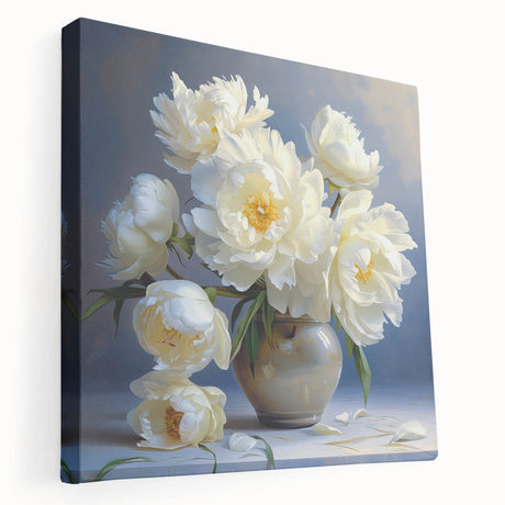 Stretched canvas wall art showcasing a vibrant botanical peony design, featuring soft pink and white petals against a textured background, perfect for home decor.