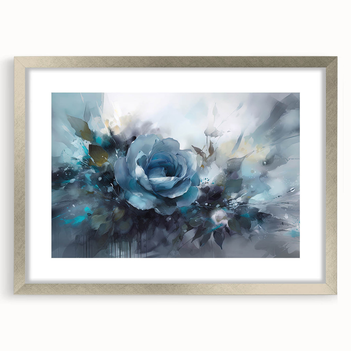 Botanical rose wall art design in a silver frame with matting, showcasing delicate floral details and a sophisticated aesthetic, perfect for home decor.