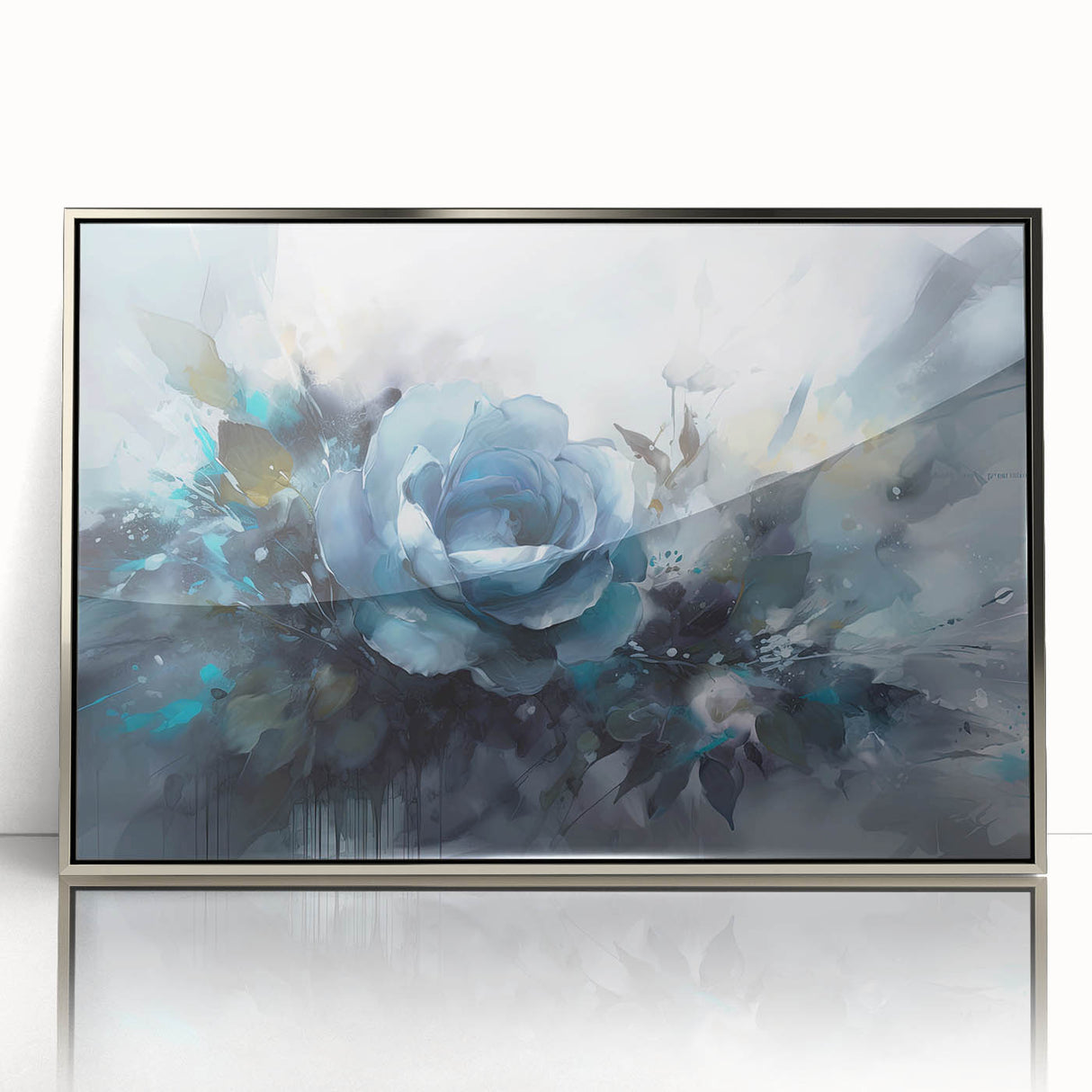 Framed acrylic wall art featuring a botanical rose design in silver, showcasing vibrant colors and intricate floral details, perfect for home decor.