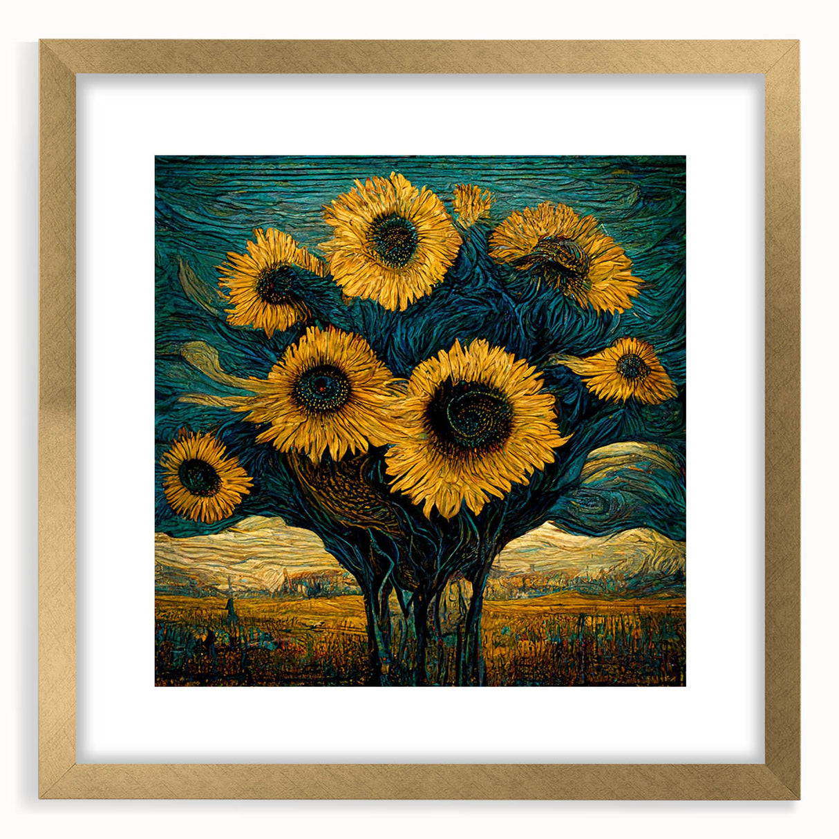 Framed botanical wall art featuring a vibrant sunflower design with a gold mat, showcasing intricate details and bright colors, ideal for home decor.