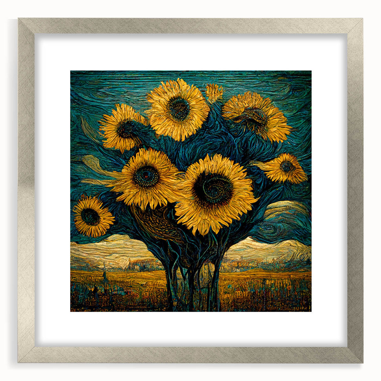 Botanical wall art featuring a vibrant sunflower design in a sleek silver frame with a mat, perfect for enhancing home decor and adding a touch of nature.