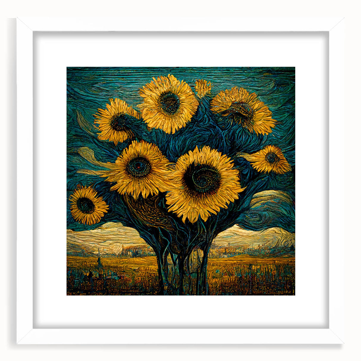 Framed botanical wall art featuring a vibrant sunflower design with a white mat, showcasing intricate floral details and bright colors against a minimalist backdrop. Perfect for enhancing home decor with a touch of nature.