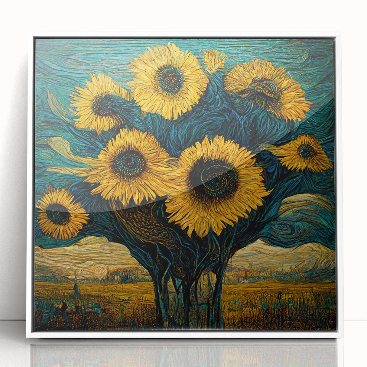 Framed acrylic wall art featuring a vibrant sunflower botanical design, showcasing bright yellow petals and green leaves, perfect for home decor enhancement.