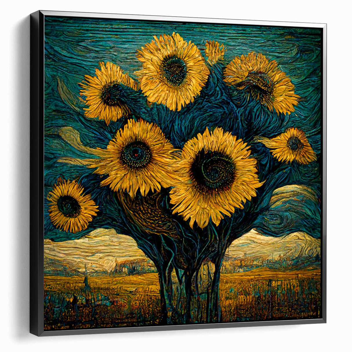 Framed wall art showcasing a botanical sunflower design on canvas, encased in a sleek black frame, ideal for enhancing home decor with vibrant nature-inspired aesthetics.