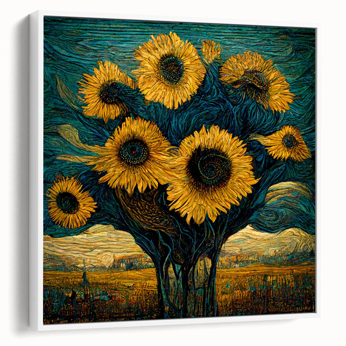 Framed canvas wall art showcasing a vibrant sunflower botanical design, displayed against a white background, perfect for brightening home decor.