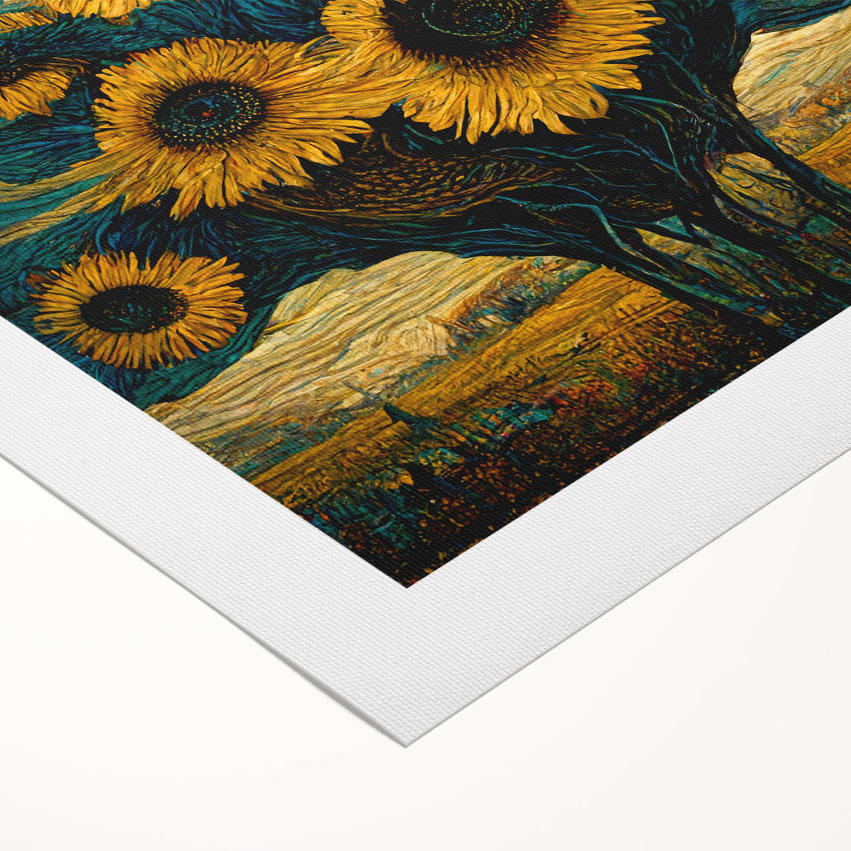 Botanical wall art featuring a vibrant sunflower design on rolled canvas, showcasing intricate details and bright yellow hues, ideal for home decor.