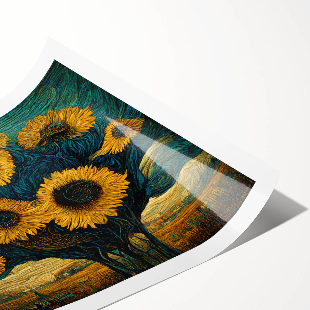 Botanical wall art print showcasing a vibrant sunflower design on rolled canvas, perfect for home decor, emphasizing nature's beauty and cheerful colors.