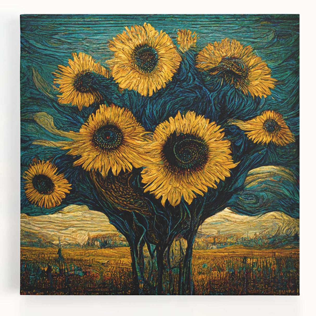 Stretched canvas wall art featuring a vibrant botanical sunflower design, showcasing intricate details and bright yellow petals, perfect for home decor.