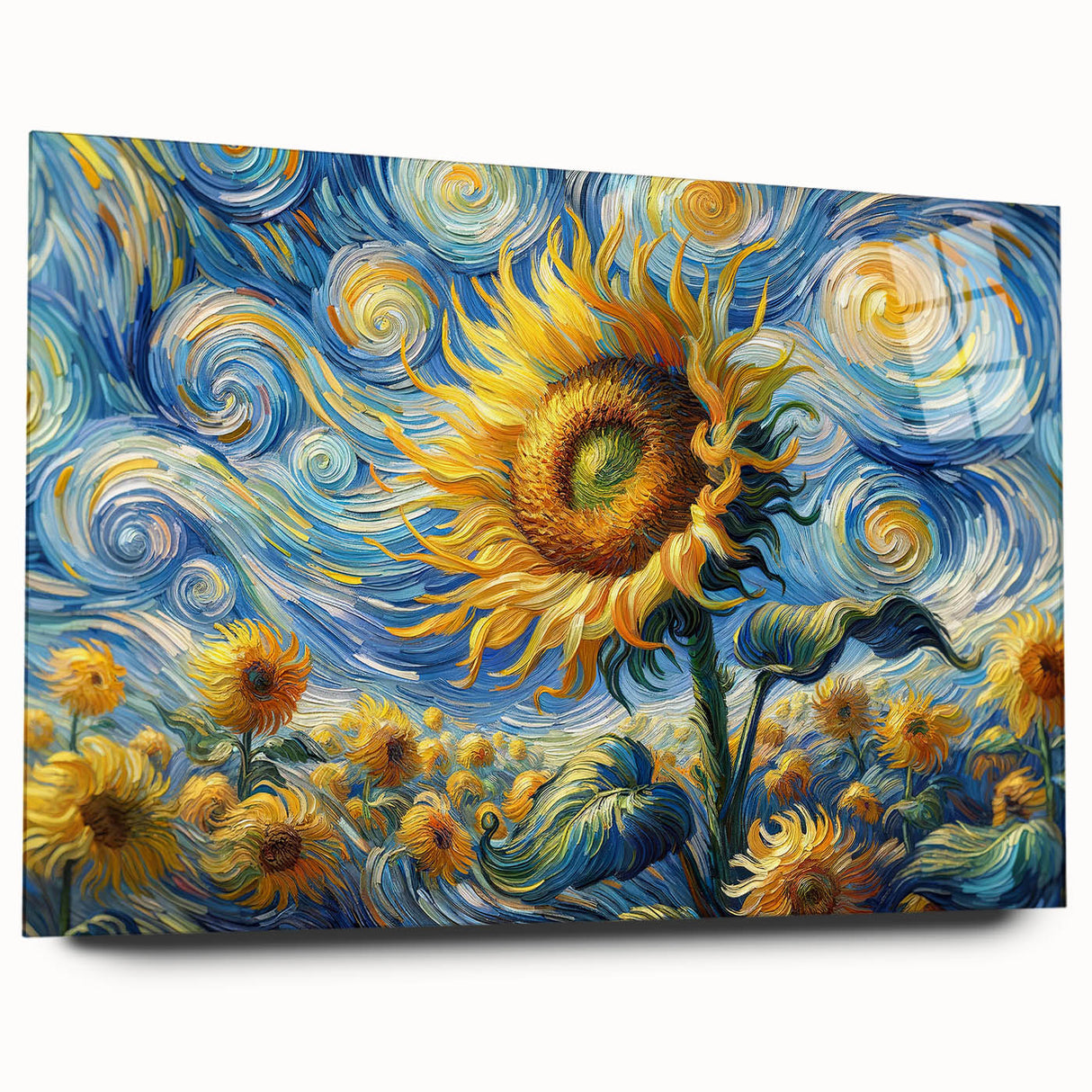 Sunflower botanical wall art collection displayed in a sleek acrylic glass frame, showcasing vibrant yellow petals and intricate details, perfect for brightening any room.