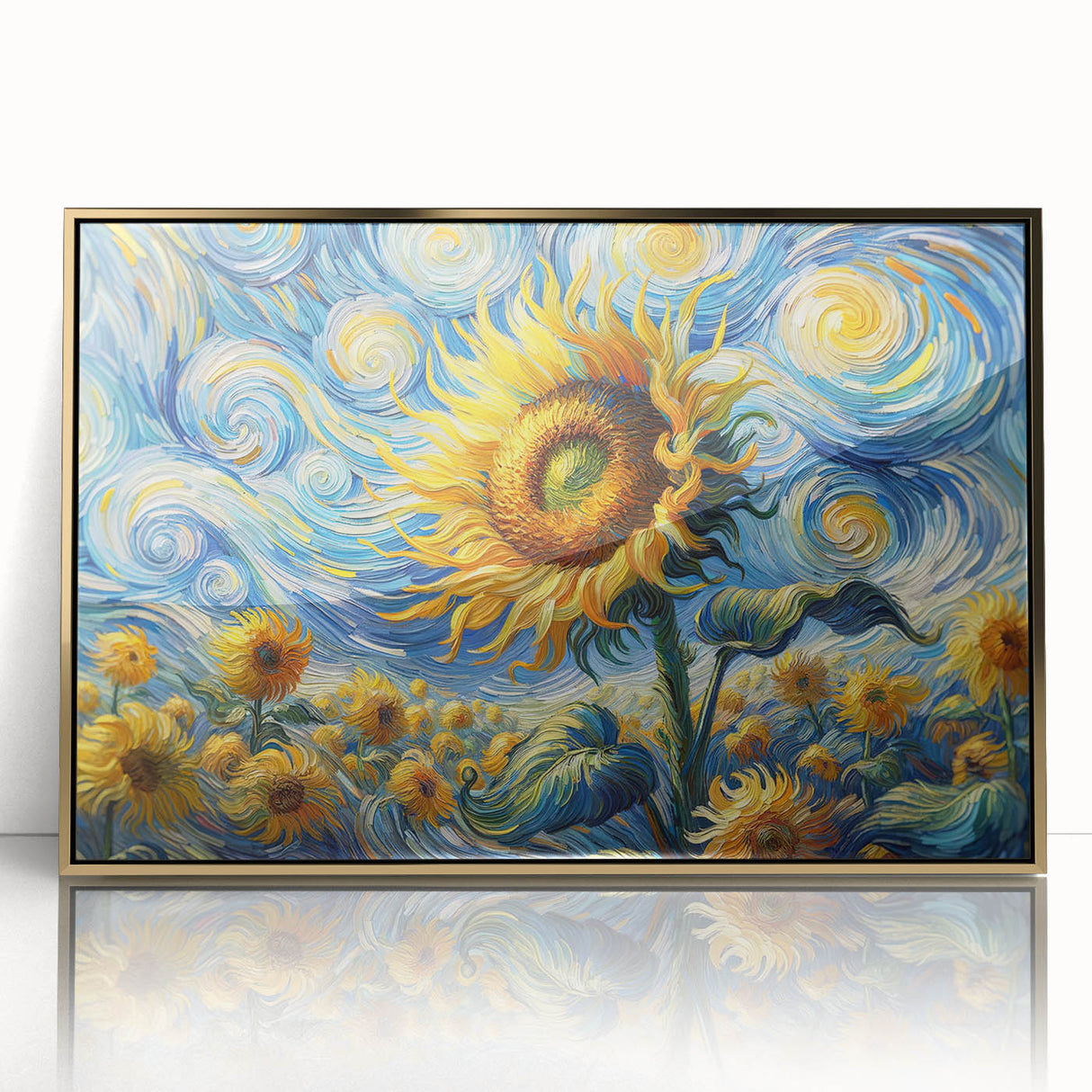 Framed wall art showcasing a vibrant sunflower botanical design in a gold-acrylic frame, perfect for brightening home decor with a touch of nature.