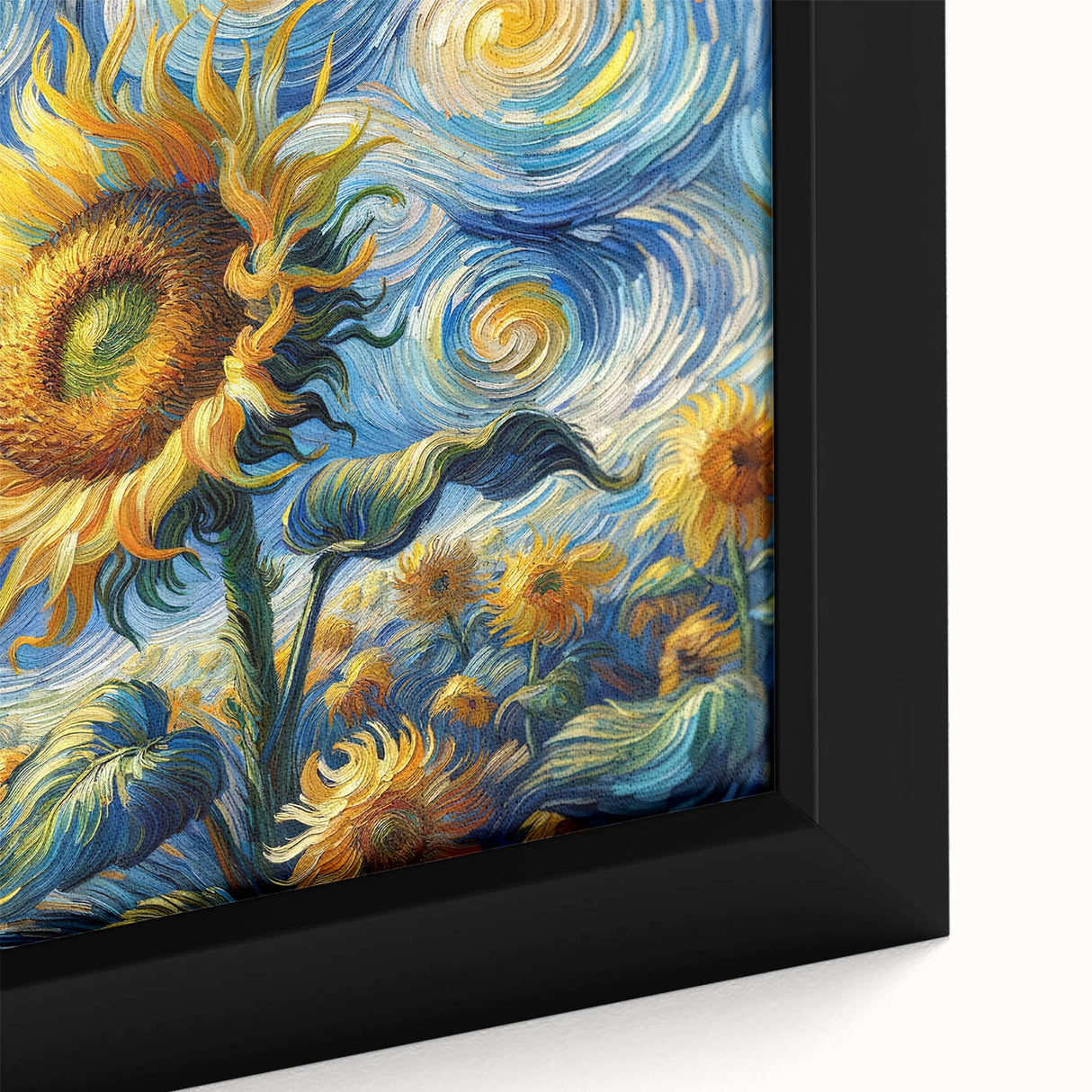 Close-up of a vibrant botanical sunflower design framed canvas wall art, showcasing intricate details and rich colors, perfect for enhancing home decor.