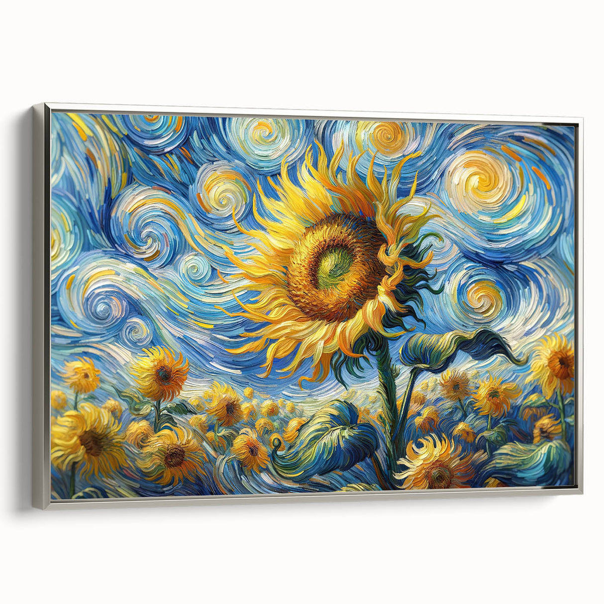 Framed wall art showcasing a vibrant sunflower design, featuring a silver frame and textured canvas, ideal for enhancing modern home decor.