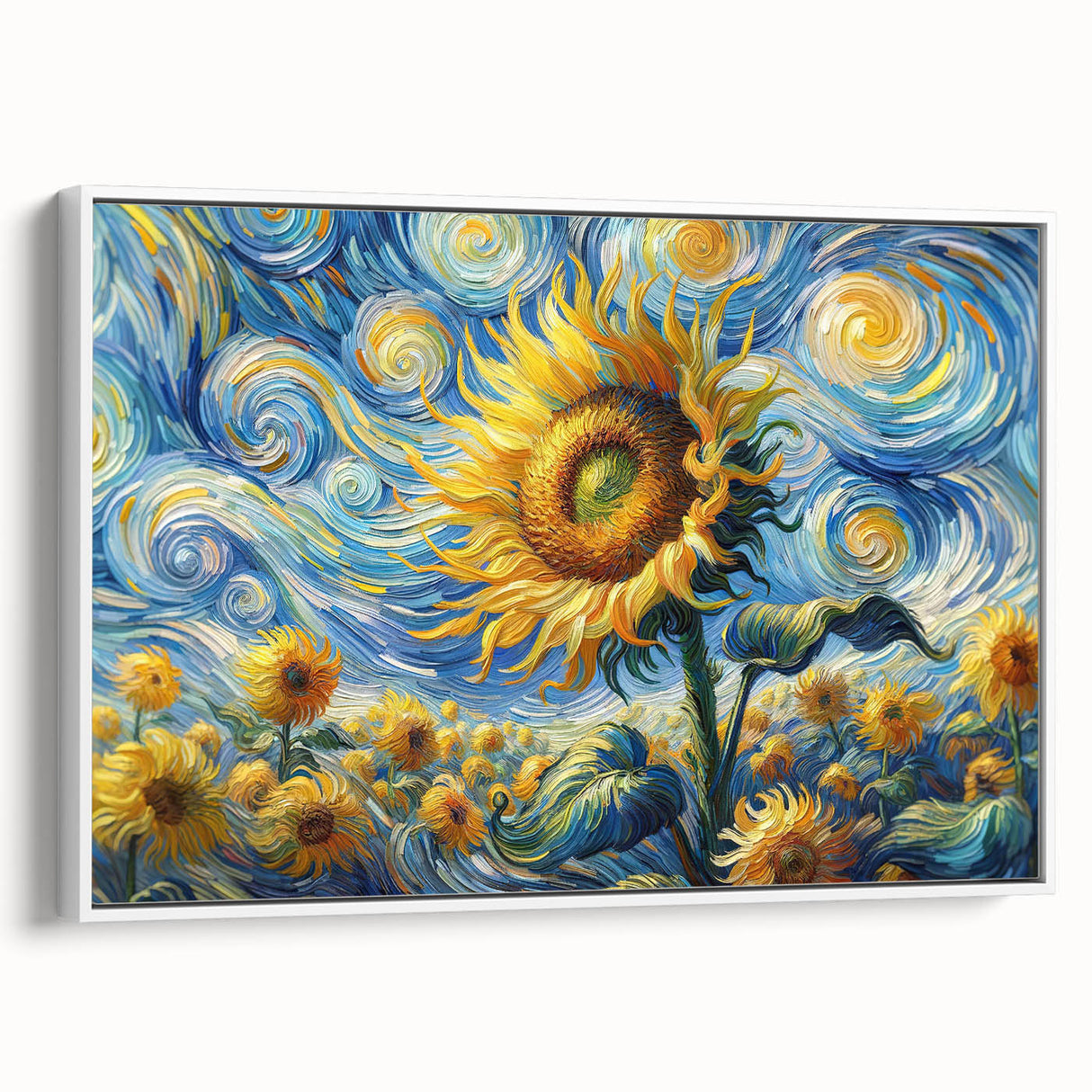 Framed botanical wall art featuring a vibrant sunflower design on a white background, showcasing a side view that highlights its elegant frame and artistic details. Perfect for adding a cheerful touch to home decor.