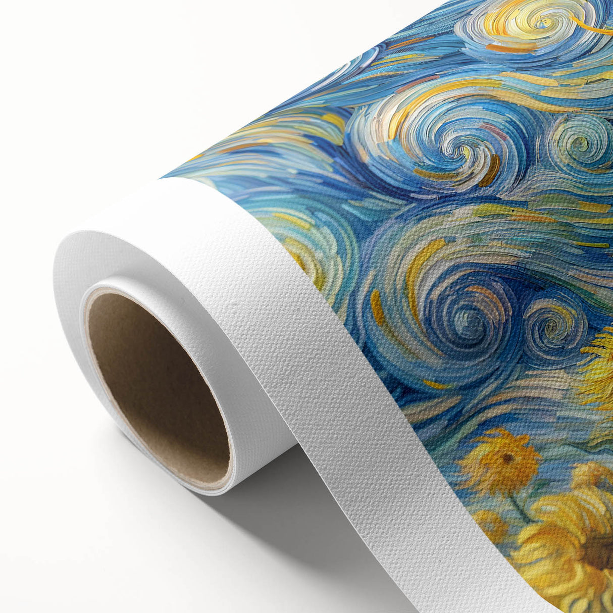 Bright and vibrant botanical sunflower wall art on rolled canvas, showcasing intricate details of yellow petals and green leaves, perfect for home decor.