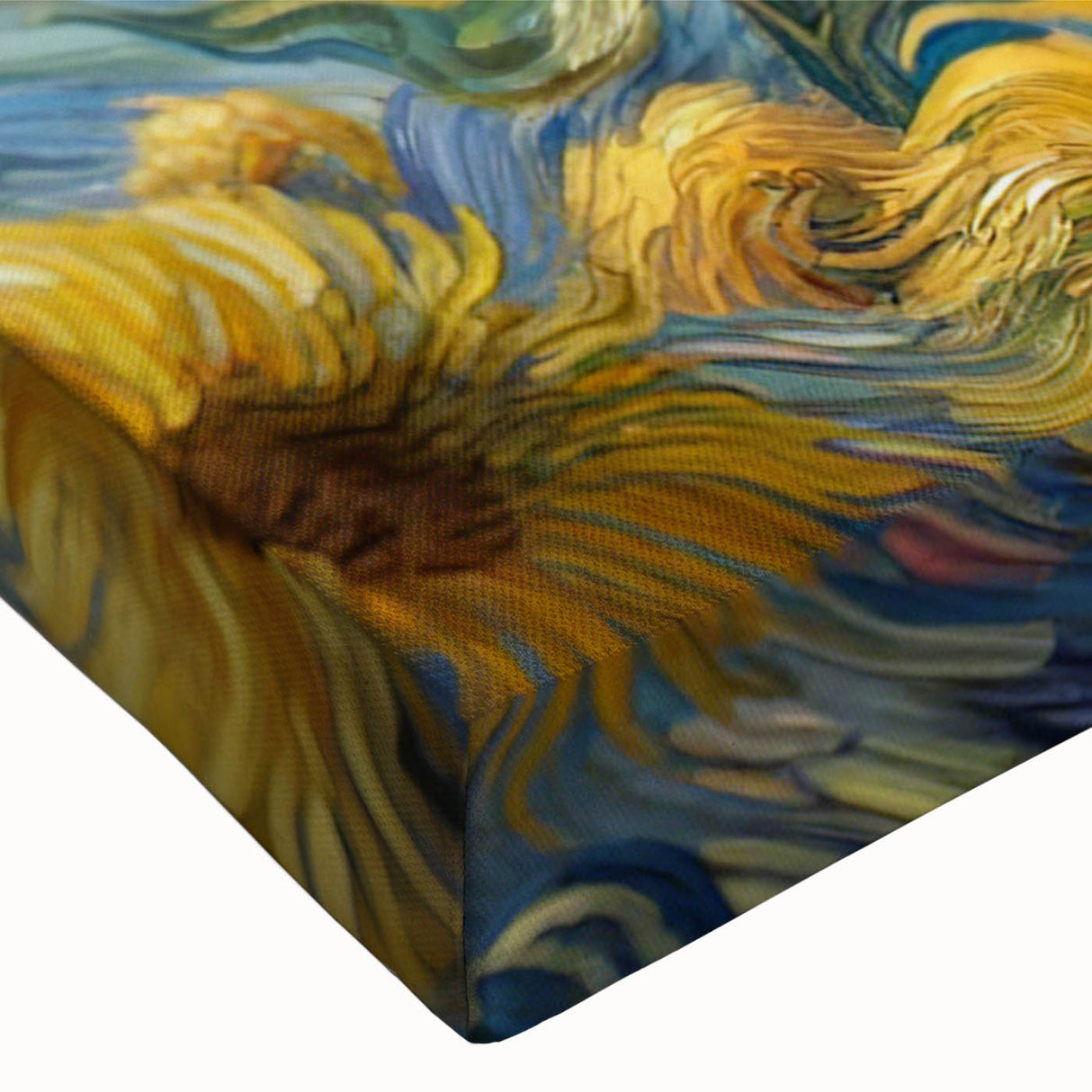 Close-up of a vibrant sunflower artwork on stretched canvas, showcasing detailed petals in shades of yellow and brown, perfect for home decor enhancement.