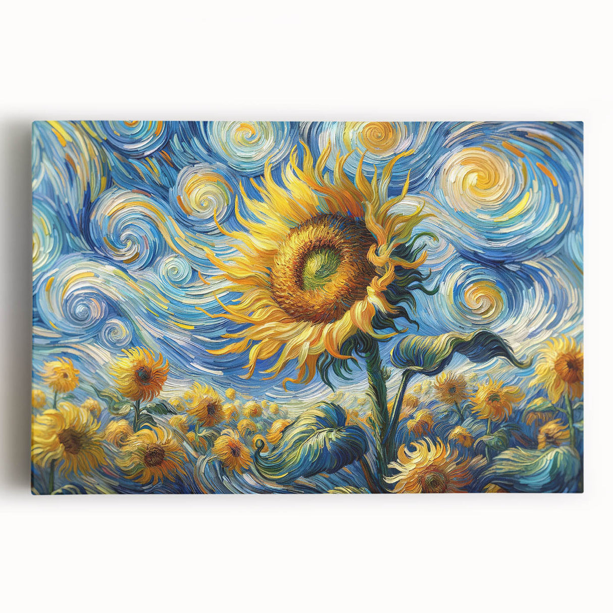 Stretched canvas wall art showcasing a vibrant sunflower botanical design, featuring bold yellow petals and green leaves, perfect for brightening up any room decor.