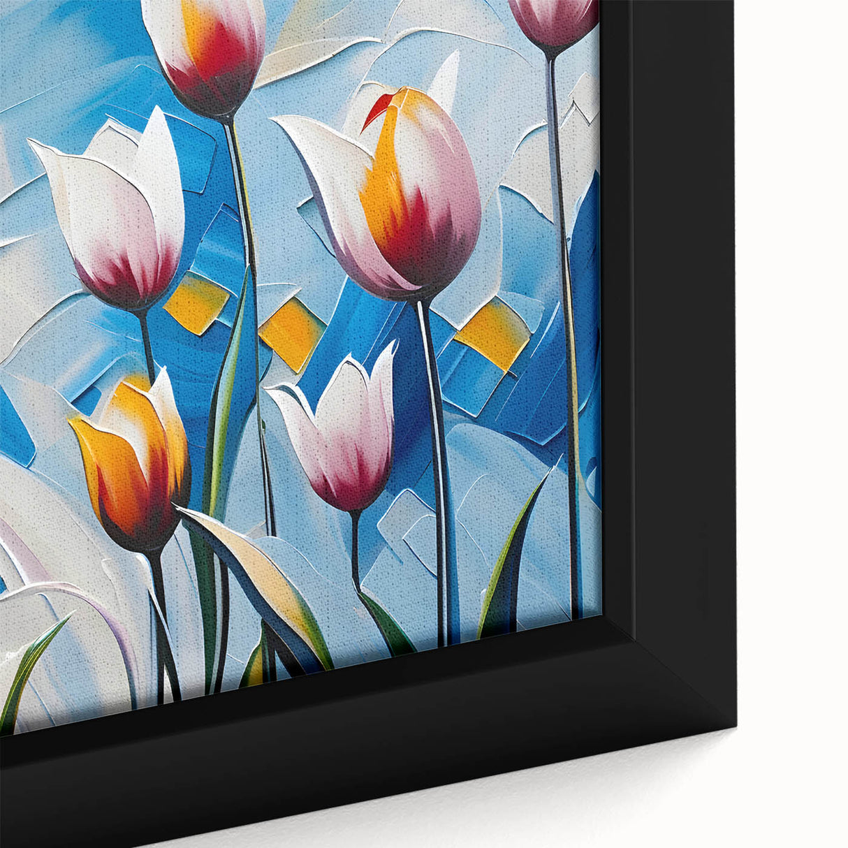 Close-up of a framed canvas wall art print depicting vibrant botanical tulips in a colorful design, showcasing intricate details and rich textures, perfect for home decor.