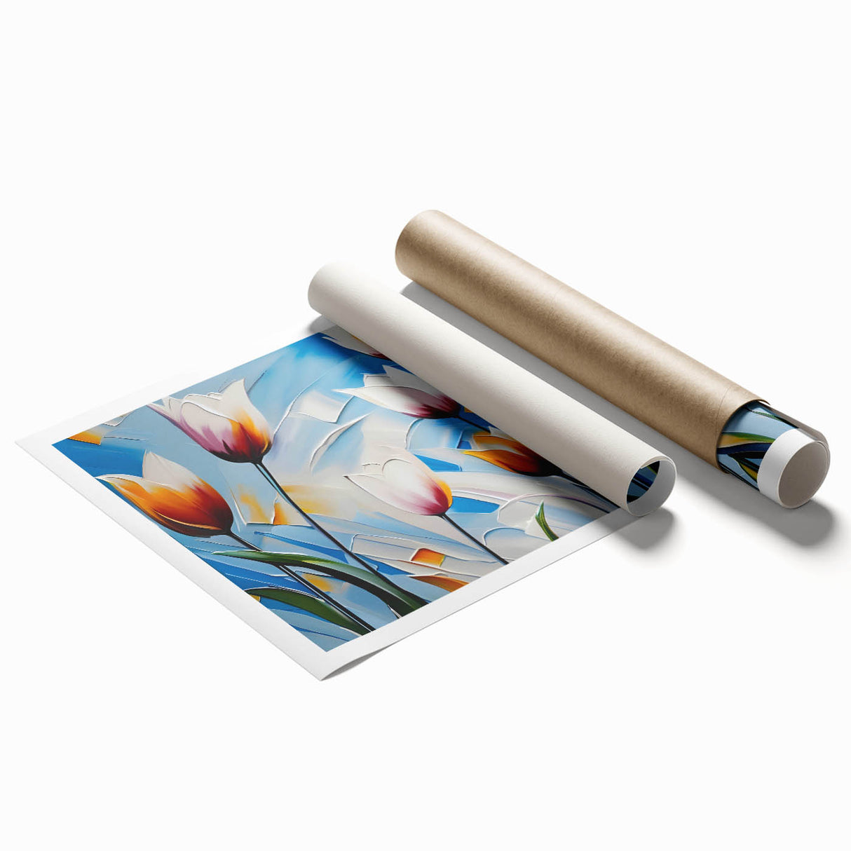 Vibrant botanical wall art print featuring a detailed tulip design, elegantly rolled for easy framing and display, showcasing rich colors and intricate patterns.