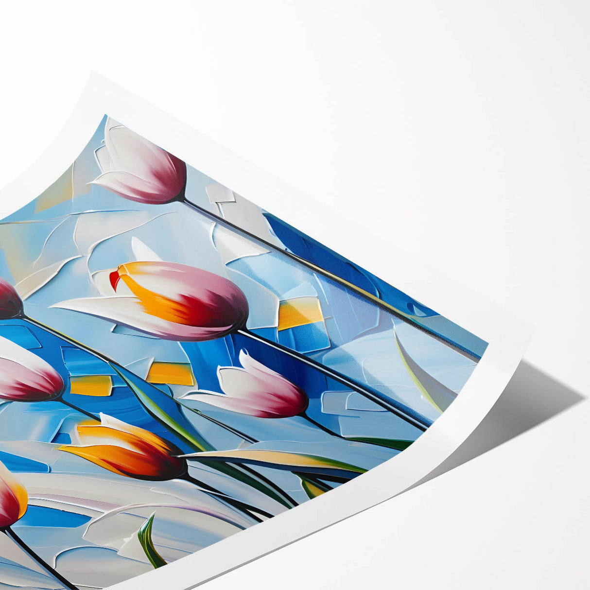 Vibrant botanical wall art print showcasing a detailed tulip design in soft pastel colors, perfect for home decor or floral-themed aesthetics. Rolled and ready for framing.