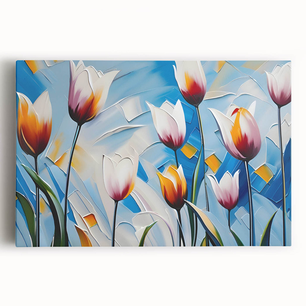 Vibrant botanical wall art showcasing a collection of tulip designs on stretched canvas, featuring rich colors and intricate details, perfect for home decor.